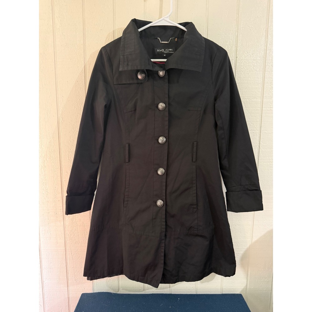 Black Rivet Womens Black Button Front Trench Coat Jacket Size M
